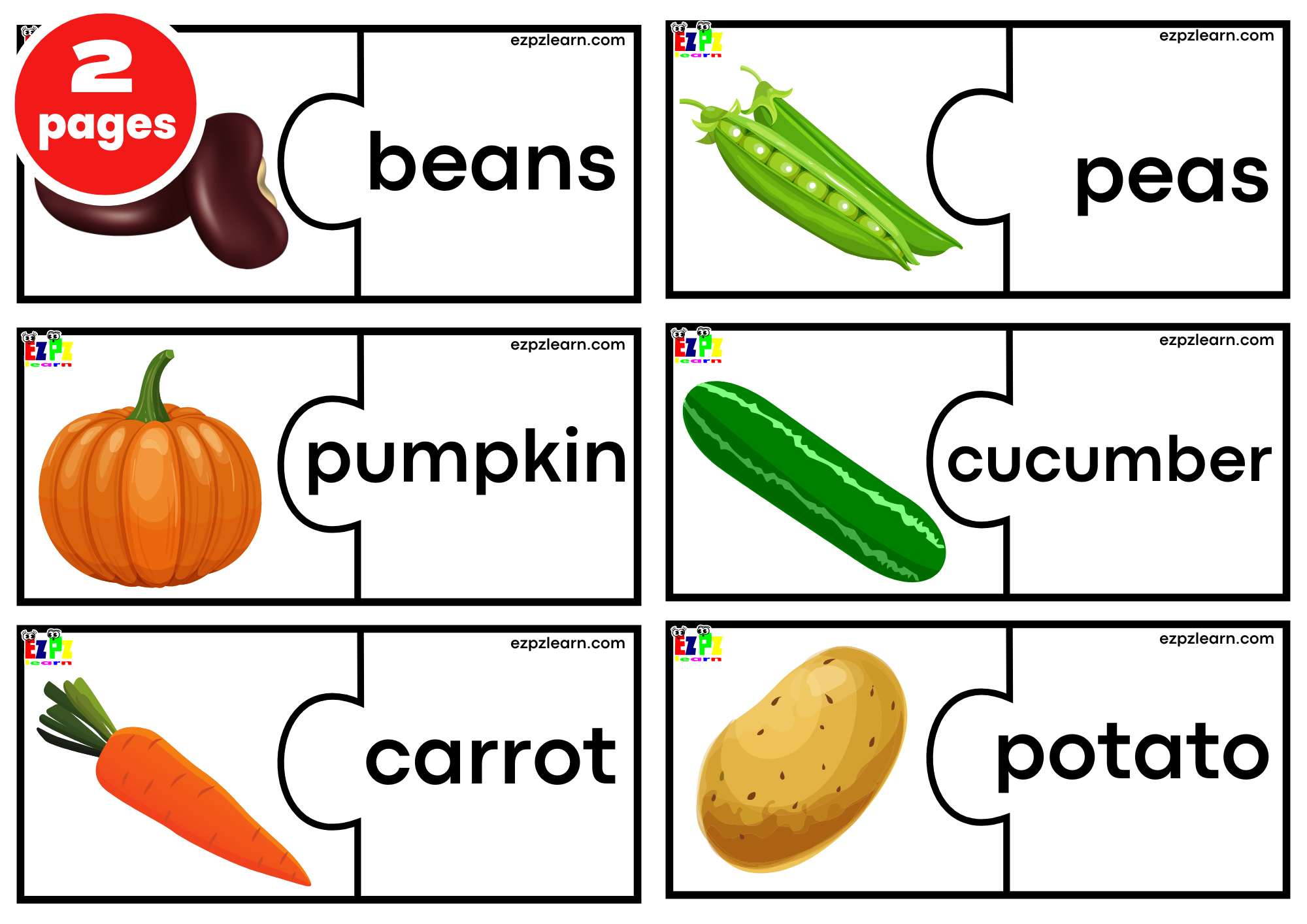 Vegetables Puzzle Match Game. Large Size 6 Words per page. Free PDF Download